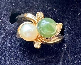 14K Diamond, Pearl & Jade Ring