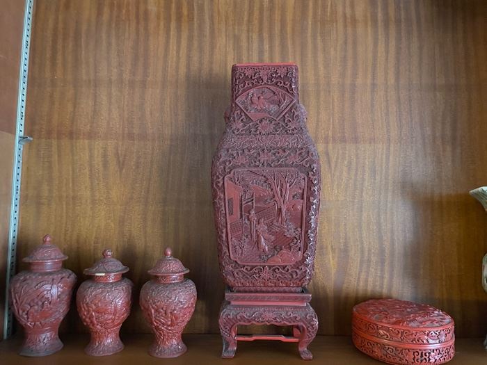 CINNABAR  COLLECTION                                                                                 GINGER JAR                                                                                  
PAIR OF GINGER JARS                                                           TALL VASE ON STAND                                               COVERED BOX