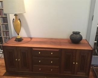 CUSTOM WALNUT CONSOLE WITH DRAWERS AND SPEAKER CABINET DOORS