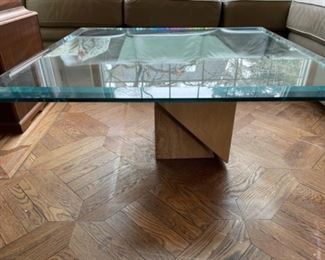 TRAVERTINE AND BEVELED GLASS COFFEE TABLE