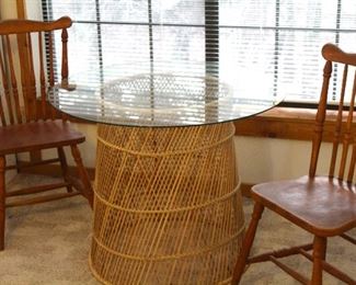 Wicker Table with Glass top and 2 Wooden Chairs