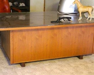 Large Wooden Desk with Glass Top.