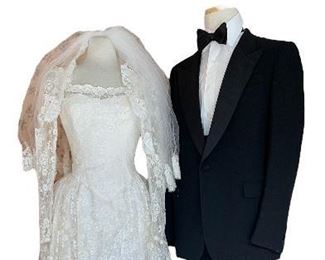 Vintage wedding dress and tuxedo