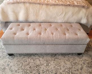 Studded and tufted storage ottoman 56"w x 21"d x 17"h (matches fabric on headboard and frame) Fabric by Heavenly Cinder.