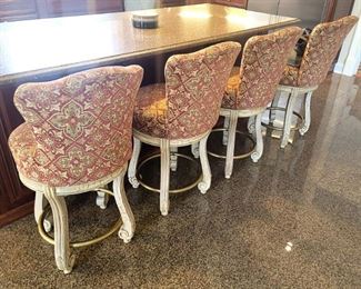 Four kitchen barstools. Walter E. Smithe. Kitchen counter height - seat at 26". VERY sturdy and luxurious! There are several valances in the same fabric that will be available.