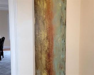 Uttermost (brand) art canvas. 20"w x 2"d x 72h". Earth tones with metallic highlights. (No 2 pieces are alike.) Can be hung vertically or horizontally.