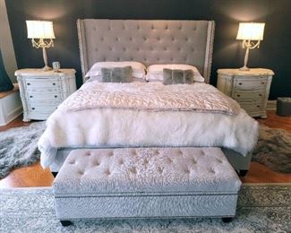 Pier 1 night stands.    King Bed studded and tufted Headboard 89"w x 64"h and frame are sold separate from Mattress set.  