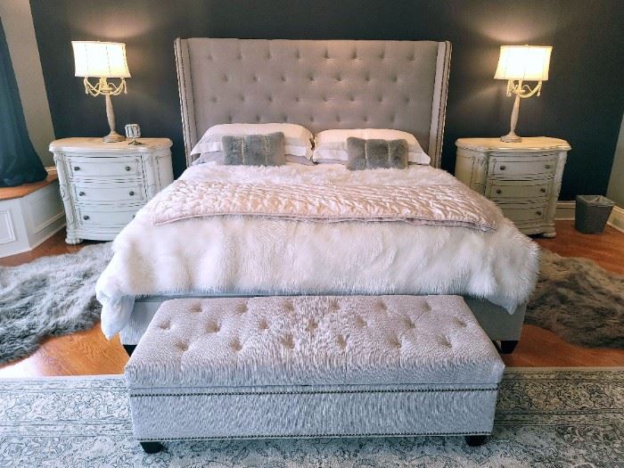 Pier 1 night stands.    King Bed studded and tufted Headboard 89"w x 64"h and frame are sold separate from Mattress set.  