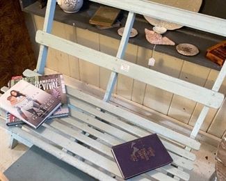 Old Turquoise slat bench
Stools
Lamps
Books