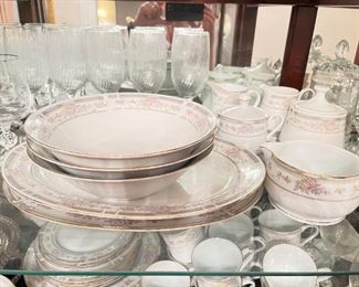 Excel Fine China South Hampton pattern 223. Five piece per setting, 18 settings, includes serving bowls and coffee service. 