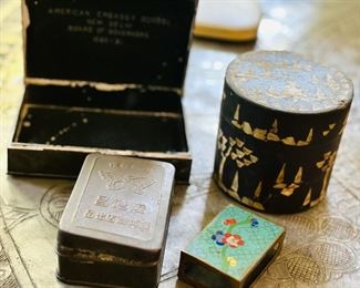 Trinket boxes, matchbox cover, and red pigment box (LL)