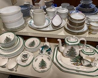 Large set of Spode “Christmas Tree” china, including many specialty/serving pieces; set of Ch. Field Haviland (Limoges) china (back row, right hand side in photo).