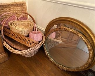 Vintage baskets and mirrors.