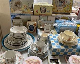 Nice selection of Beatrix Potter/Peter Rabbit and Bunnykins collectibles by Wedgwood, Royal Doulton, and others.