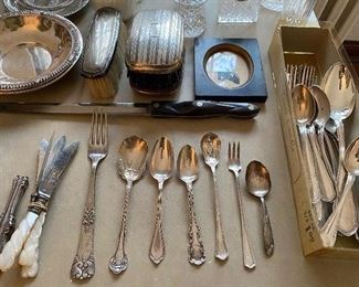 Large selection of sterling silver and coin silver flatware, vanity accessories, and more; vintage George Washington silhouette.