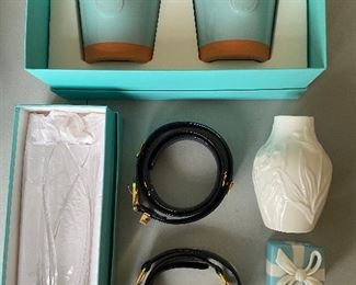 Tiffany planters, vases, and trinket box; two Paloma Picasso leather belts (Italy); Mulberry key chain/fob.
