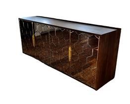 $4400 USD      Four Hands Cybil Mirrored Sideboard Buffet Dark Walnut CH165-10     Description:  Ornate detailing places a trend-forward spin on streamlined shaping. Dark walnut encases glass doors of antique mirror with a honeycomb pattern, adding artistic intrigue to statement storage. Stainless steel hardware is finished in polished brass for a look of effortless sophistication.  Constructed from walnut wood, glass and stainless steel. Finished in dark walnut, antique mirror and polished brass. Ornate detailing places a trend-forward spin on streamlined shaping. Glass doors of antique mirror with a honeycomb pattern, adding artistic intrigue to statement storage. Adjustable shelves
Dimensions: 31.5 inches high x 78.75 inches wide x 19.75 inches deep.  202 lbs
Condition: New out of box. 
Location: Local pick up Lake Oswego, OR. Shipper suggestions available upon request.      https://goodbyhello.com/products/copy-of-antique-19th-century-washstand-end-table-bedside-table-ch165-4?_