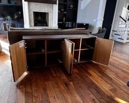 $4400 USD      Four Hands Cybil Mirrored Sideboard Buffet Dark Walnut CH165-10     Description:  Ornate detailing places a trend-forward spin on streamlined shaping. Dark walnut encases glass doors of antique mirror with a honeycomb pattern, adding artistic intrigue to statement storage. Stainless steel hardware is finished in polished brass for a look of effortless sophistication.  Constructed from walnut wood, glass and stainless steel. Finished in dark walnut, antique mirror and polished brass. Ornate detailing places a trend-forward spin on streamlined shaping. Glass doors of antique mirror with a honeycomb pattern, adding artistic intrigue to statement storage. Adjustable shelves
Dimensions: 31.5 inches high x 78.75 inches wide x 19.75 inches deep.  202 lbs
Condition: New out of box. 
Location: Local pick up Lake Oswego, OR. Shipper suggestions available upon request.      https://goodbyhello.com/products/copy-of-antique-19th-century-washstand-end-table-bedside-table-ch165-4?_