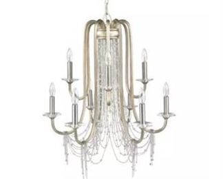 $510 USD      Golden Lighting 9 Light Sancerre 1425-9 WG Chandelier White Gold CH165-16      Description: The relaxed romance of the two-tiered Golden Lighting Sancerre 1425-9 WG Chandelier - White Gold. is something to behold. The iron body comes in a soft white gold finish and is accented with polished chrome chains of pressed crystal quartz that drape from the arms of its nine outer lights. The curves and relaxed draping keep the chandelier looking relaxed but sensual. Nine 60-watt incandescent bulbs are included and create a romantic aura.  THIS IS A DISCONTINUED ITEM. 
Dimensions:  30W x 30D x 32H in  | Chain Length 28" 30.00 x 29.88 x 31.88 Inches
Location: Local pick up Lake Oswego, OR. Shipper suggestions available upon request.      https://goodbyhello.com/products/copy-of-wagon-wheel-black-and-crystal-6-light-chandelier-ch165-8?_pos=20&_sid=5bbb39c90&_ss=r