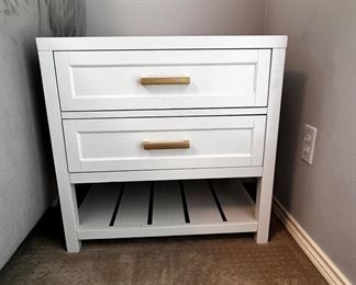 $120 USD      3 Drawer White Small Dresser / Nightstand MM179-28     Description: A lovely refinished piece with new paint and modern brass pulls. Light and fresh aesthetic to update any room.
Dimensions: 29 x 20 x 27H in 
Condition: Used and in good condition. 
Location: Local pick up Portland, OR 97035.  Shipper suggestions available upon request. Piece is located on the second floor.     https://goodbyhello.com/products/copy-of-avalon-2-drawer-nightstand-with-lower-shelf-mm179-27?_pos=6&_sid=410c006b7&_ss=r