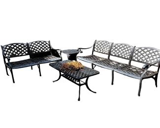 $750 USD      4 Piece Outdoor Cast Aluminum Garden Couch Table Loveseat Set MM179-33    Description:  It may be hot outside, but you’ll feel cool kicking back in this heavy duty, solid-cast aluminum furniture. Designed for style and built to last, this outdoor conversation seating set features a durable charcoal black powder coated finish that will weather the harshest of outdoor conditions.
Dimensions:
3 Seat Bench 78 x 24 x 31H in  |  Seat: 16.5H in
2 Seat Bench 52.5 x 24 x 31H in  | Seat: 16.5H in
Side Table 21 x 21 x 17.5 in
Coffee Table 42 x 21 x 17.5H in
Condition: Used in very good condition.
Location: Local pick up Lake Oswego, OR. Shipper suggestions available upon request. This piece is located in back yard.      https://goodbyhello.com/products/copy-of-small-marble-top-side-table-plant-stand-mm179-32?_pos=26&_sid=410c006b7&_ss=r
