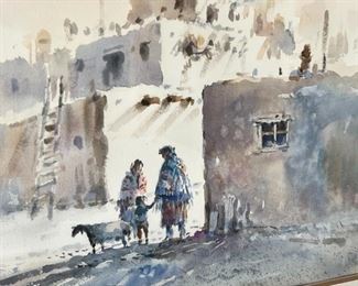 Adobe Village Original Watercolor Painting Paul Kuo Native American Art 	Frame; 23.25 x 29.25	
