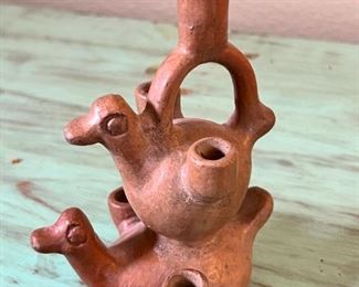 Mexican Terracotta Stacked Birds Candle Holder folk art	6.75 inches high.	
