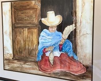 Original Art Kay Botkin Spinning Wool Watercolor Painting 	Frame: 20 x 25in	
