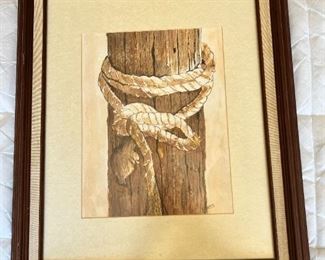 Original Art Rope on Wood Kay Botkin Watercolor Painting 	Frame: 25 x 20.5in	
