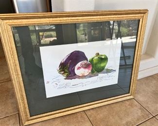 Original Art Kay Botkin Vegetables Watercolor Painting 	Frame: 21.5 x 27in	

