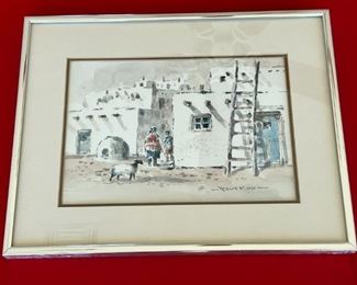 Original Watercolor Painting Paul Kuo Native American  Adobe Village Sheep 	Frame: 11.25 x 14.25in	
