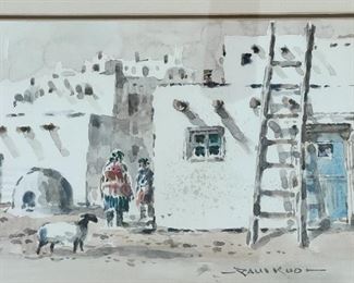 Original Watercolor Painting Paul Kuo Native American  Adobe Village Sheep 	Frame: 11.25 x 14.25in	
