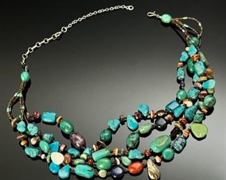 Navajo 3-Strand Mixed Smooth Natural Stone Necklace Turquoise 	19in long 
