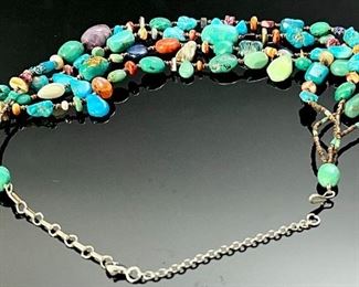 Navajo 3-Strand Mixed Smooth Natural Stone Necklace Turquoise 	19in long 
