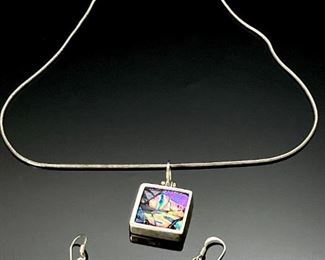 3pc Modern Dichroic Glass & Sterling Silver Necklace, Pendant  & Earrings 	Necklace: 18in Long 
