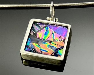 3pc Modern Dichroic Glass & Sterling Silver Necklace, Pendant  & Earrings 	Necklace: 18in Long 
