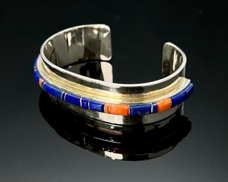 Navajo Jim Yazzie Sterling Silver Multi-Stone Inlay Cuff Bracelet Lapis Coral Native American Size: 7.75	Size: 7.75 19mm Wide
