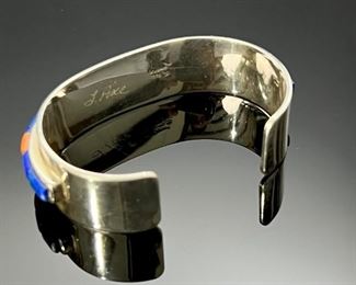 Navajo Jim Yazzie Sterling Silver Multi-Stone Inlay Cuff Bracelet Lapis Coral Native American Size: 7.75	Size: 7.75 19mm Wide
