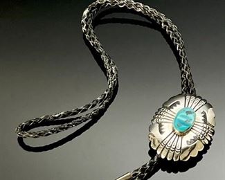 Navajo Thomas TC Singer Sterling Silver & Turquoise Bolo Tie  Native American 	39in Long Medalion 68x48mm

