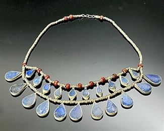 South American Silver Bead Lapis Teardrop Necklace 	21in Long 
