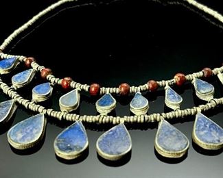 South American Silver Bead Lapis Teardrop Necklace 	21in Long 

