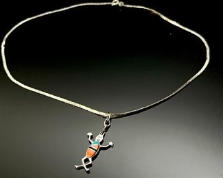 Sterling Silver Necklace with Zuni Dancing Man Pendant Turquoise Jet Coral 	18in Long Pendant: 35x19mm

