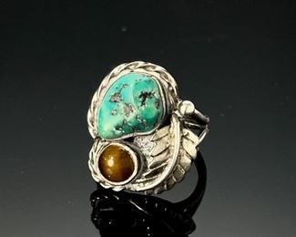 Silver Turquoise & Tigereye Ring Leaf Design 	Size 6
