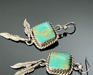 Sterling Silver Turquoise Feather Earrings Native American  SB	45x17mm
