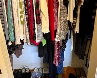 Clothes for a petite woman, including several pair of size 5 1/2 Ferragamo shoes
