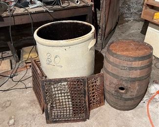 F H Weeks 30 gallon crock. Under the 30 has the mark of ‘FH weeks Akron, Ohio’, which was in business between 1891 and 1910. I did not find any cracks, but there is some pitting around the crock. Various floor heat grates and a great cool wood barrel. 