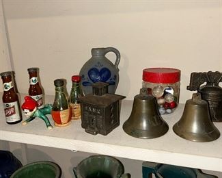 Schlitz salt & pepper, elf, Rockdale 'heart' jug, vintage Bank bank, jar of marbles, couple of bells, bell bank, 