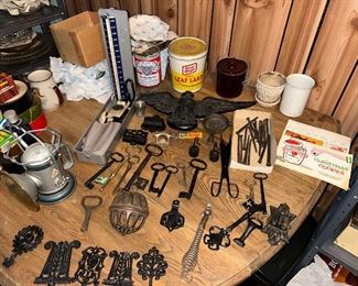 asst. of keys, string keepper, lantern, blood pressure unit,  Oscar Mayer Leaf Lard pail and more...