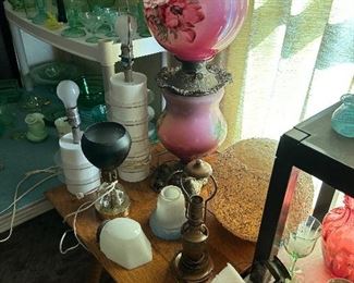 Great assortment of lamps and lampshades… some truly vintage. Gone with the wind lamp has been electrified.