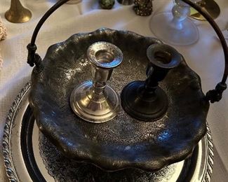Sterling silver candleholders one cleaned one ready to be cleaned plus a nice Quadra plate basket very clean tray underneath